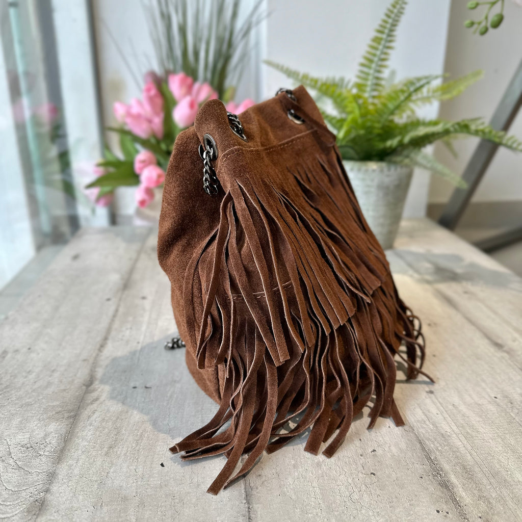 Sigar Bucket Bag with Fringes in Suede with Chain Strap - 2