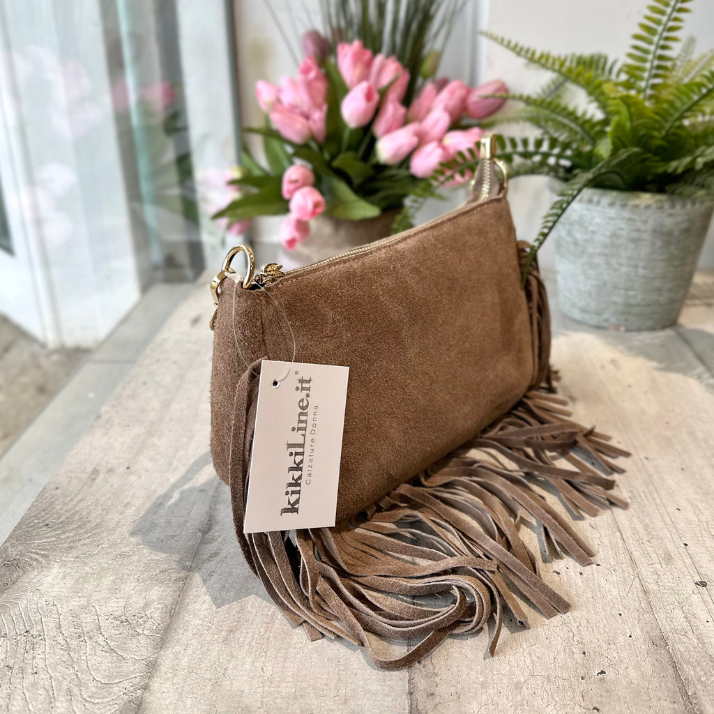 Borsetta a Spalla con Frangia a Baguette in Pelle Scamosciata 2 Tracolle Interne "DOLLY" Taupe - 3