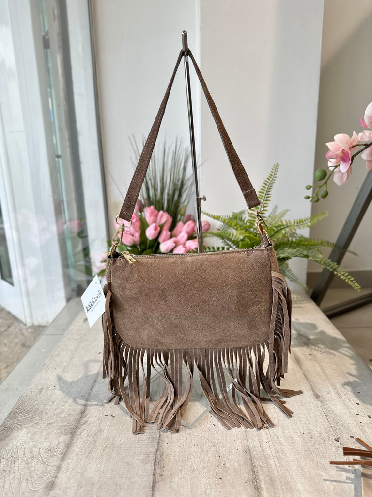 Borsetta a Spalla con Frangia a Baguette in Pelle Scamosciata 2 Tracolle Interne "DOLLY" Taupe - 2
