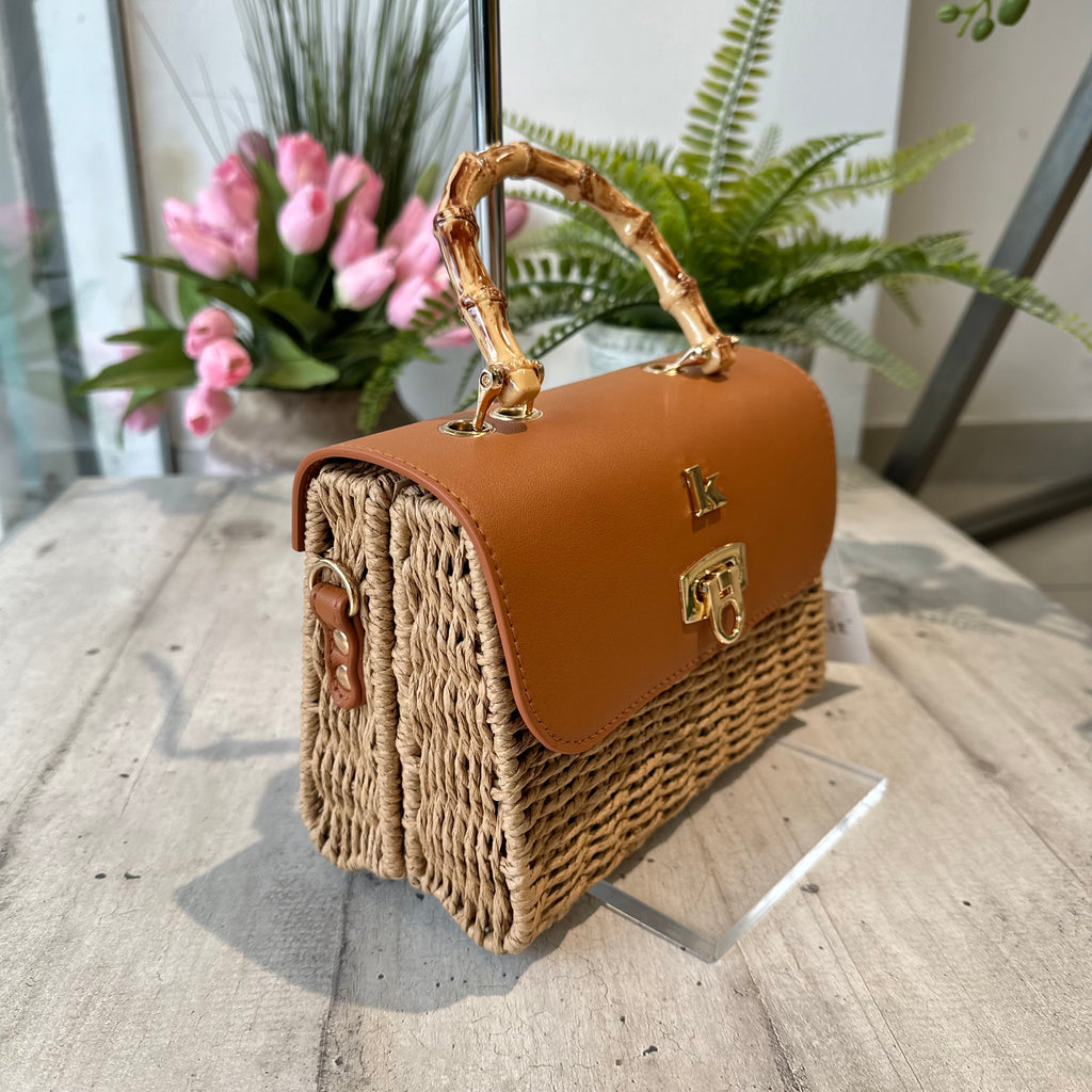 Borsetta Mini Pic-Nic Paglia  Quadrata e Manico Bambù Sabbia e Tracolla all'interno - 2