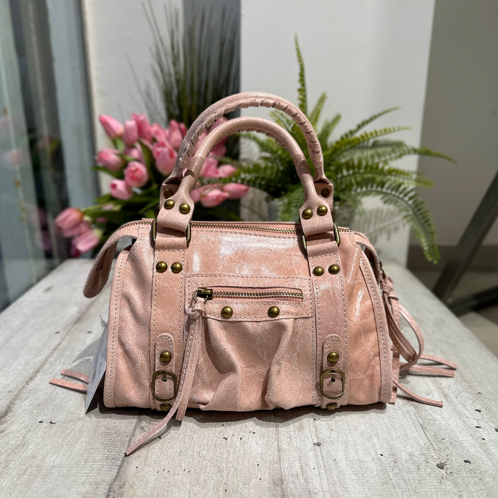 Mini-Schultertasche in Puderrosa mit Schultergurt aus echtem Vintage-Leder