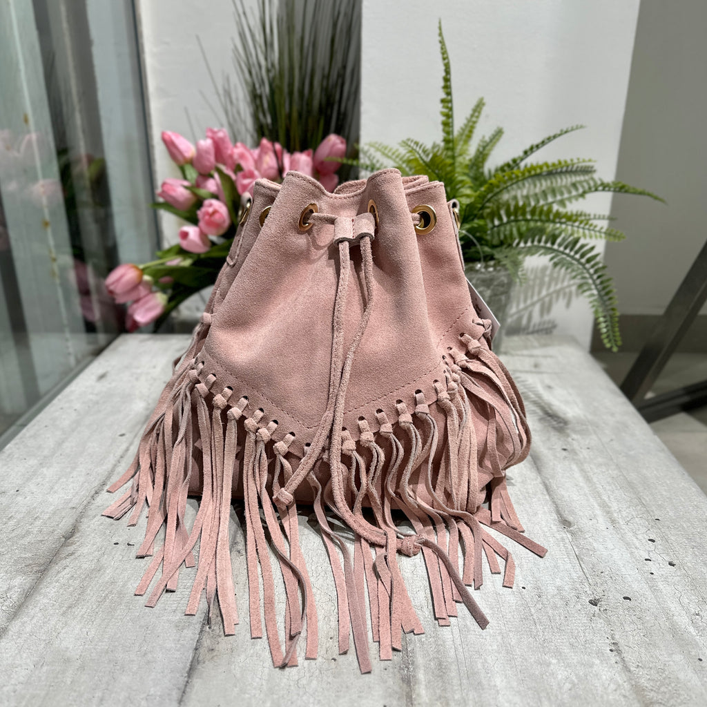 Bucket Bag with Powder Pink Fringes in Suede KIKKIBAGS EVA