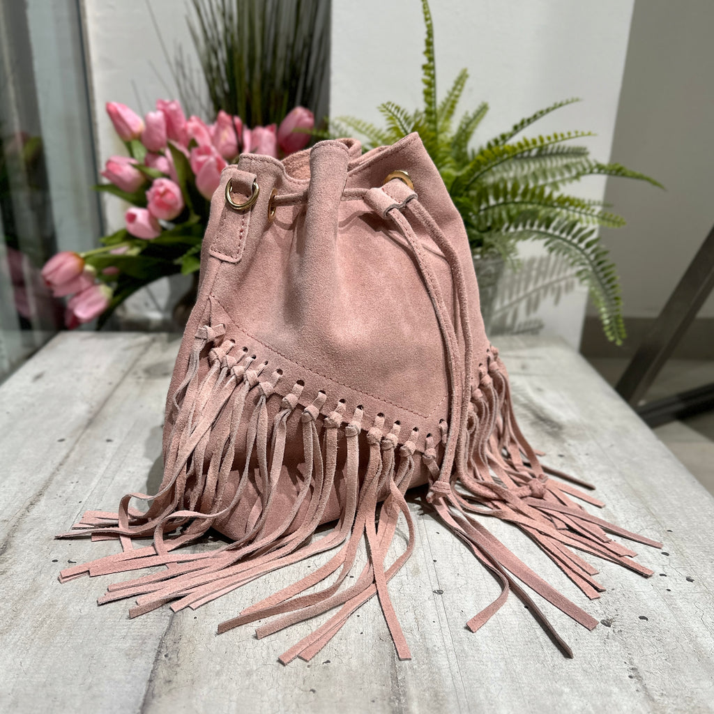 Bucket Bag with Powder Pink Fringes in Suede KIKKIBAGS EVA - 2