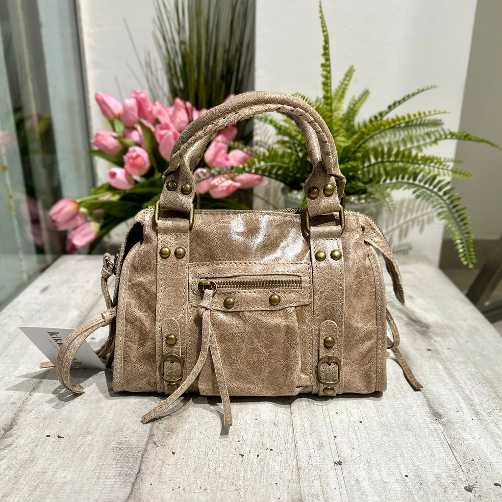 Taupe Laminated Shoulder Bag with Vintage Genuine Leather Shoulder Strap - 2