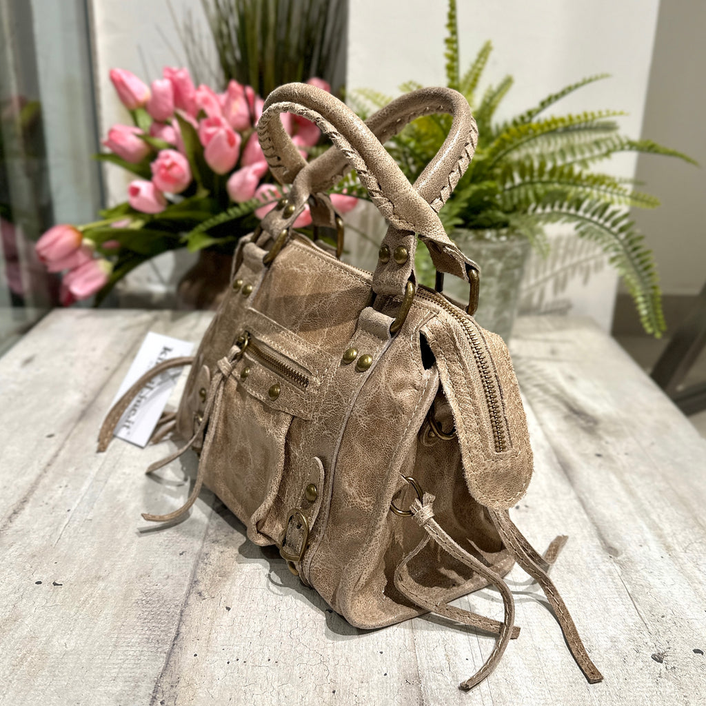 Taupe Laminated Shoulder Bag with Vintage Genuine Leather Shoulder Strap