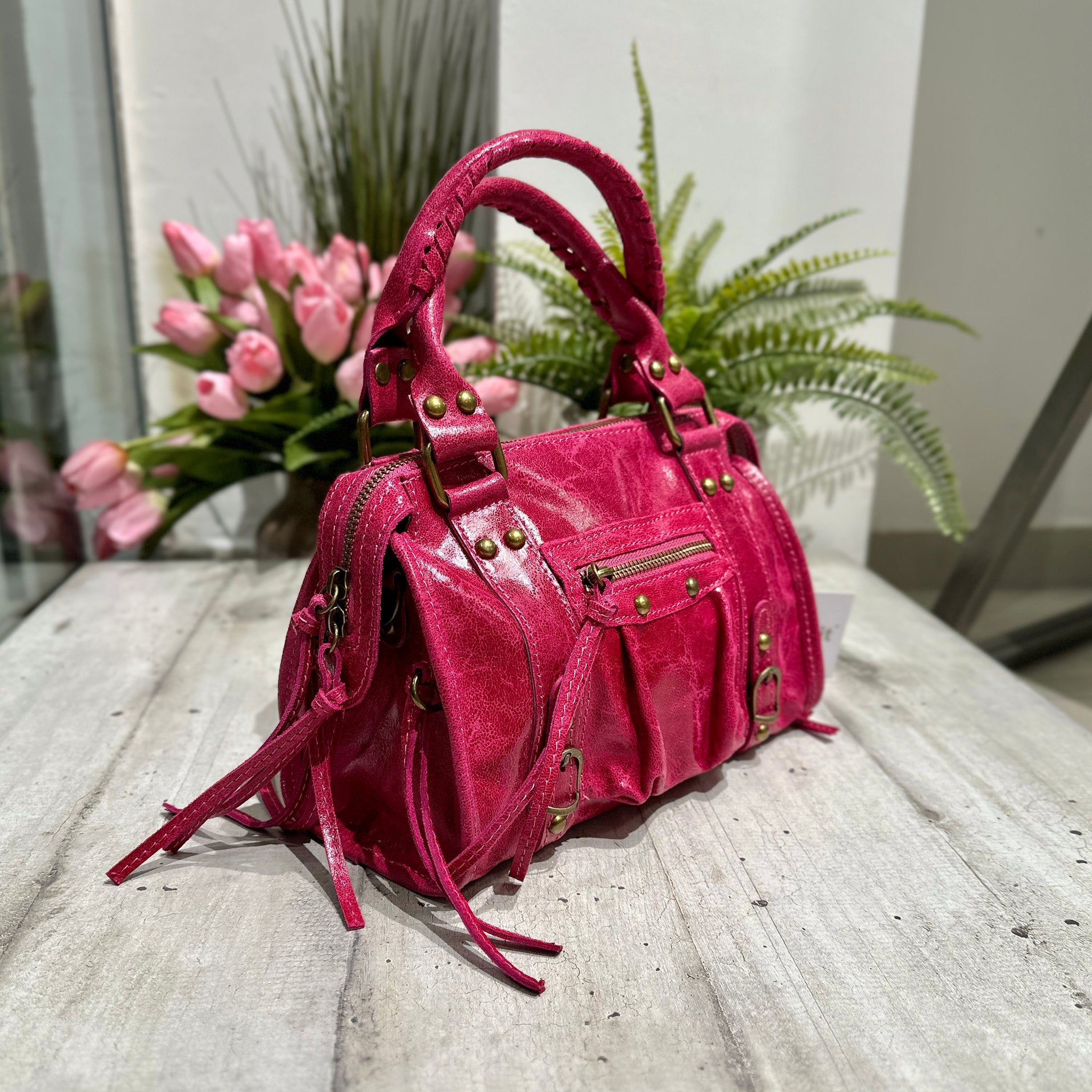 Mini Fuchsia Laminated Shoulder Bag with Genuine Vintage Leather Shoulder Strap
