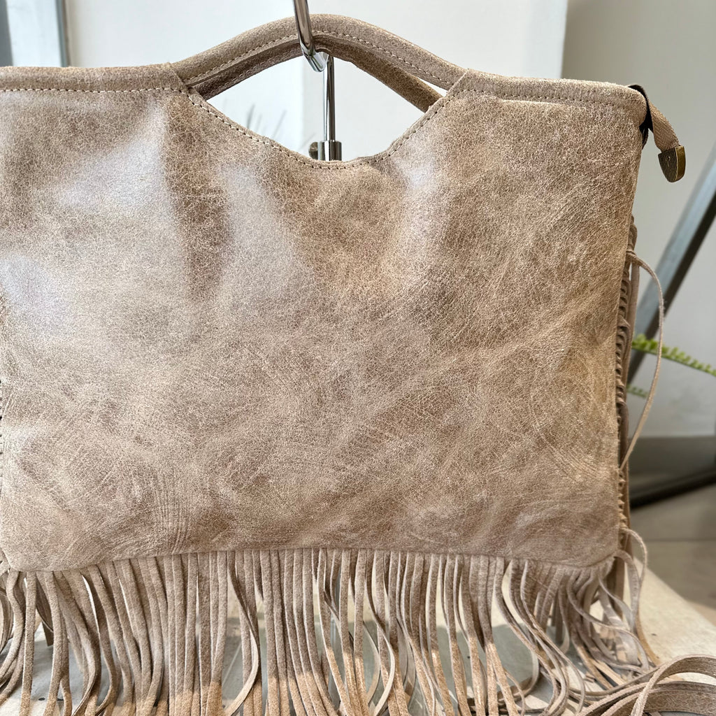 Borsa Rettangolare con Frange in Pelle Sfumata Tracolla Interno Semirigida Taupe - 2
