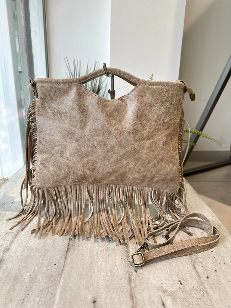Borsa Rettangolare con Frange in Pelle Sfumata Tracolla Interno Semirigida Taupe - 3