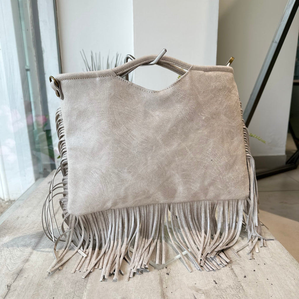 Borsa Rettangolare con Frange in Pelle Sfumata Tracolla Interno Semirigida Ghiaccio - 3