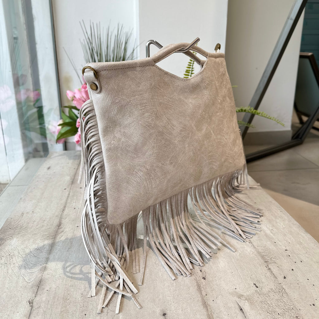 Borsa Rettangolare con Frange in Pelle Sfumata Tracolla Interno Semirigida Ghiaccio - 2