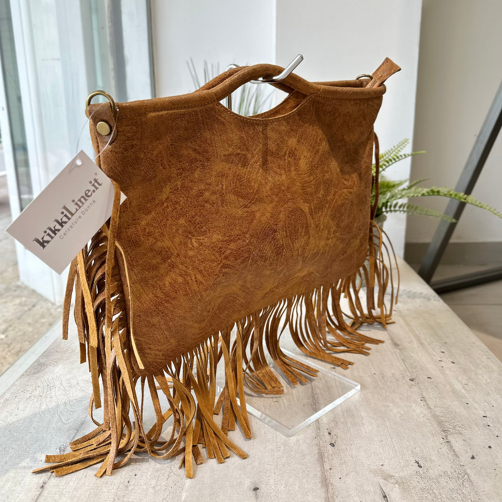 Borsa Rettangolare con Frange in Pelle Sfumata Tracolla Interno Semirigida Cuoio - 2
