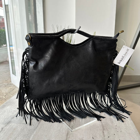 Rectangular Bag with Fringe in Shaded Leather, Semi-rigid Interior Shoulder Strap, Black