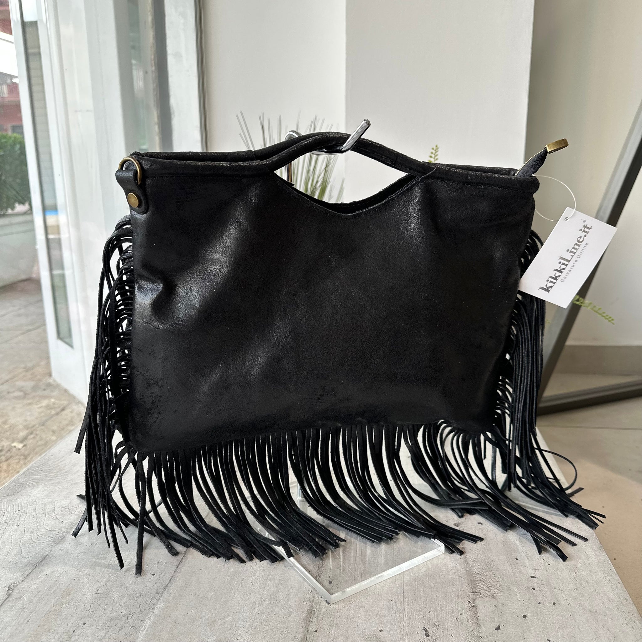 Leather Purse Black Fringe Handbag Rectangular Bag With Fringe In