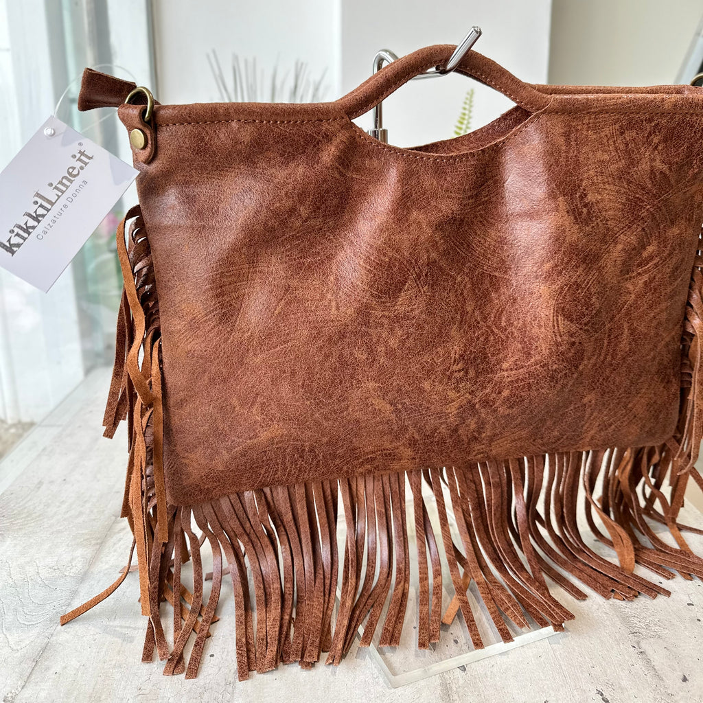 Borsa Rettangolare con Frange in Pelle Sfumata Tracolla Interno Semirigida Cioccolato - 2