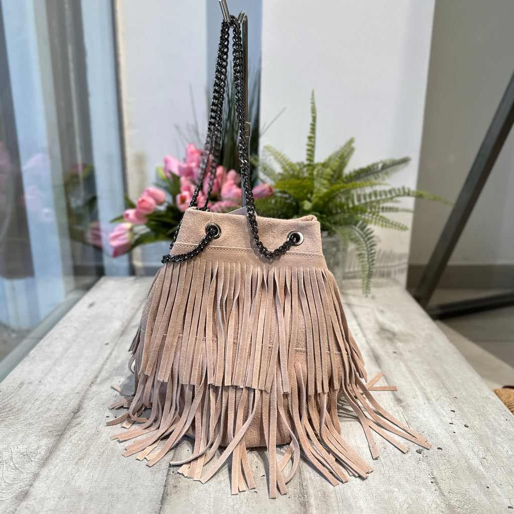 Bucket Bag with Powder Fringe in Suede
