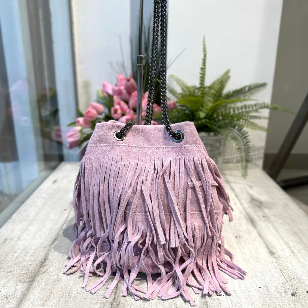 Bucket Bag with Lilac Fringes in Suede