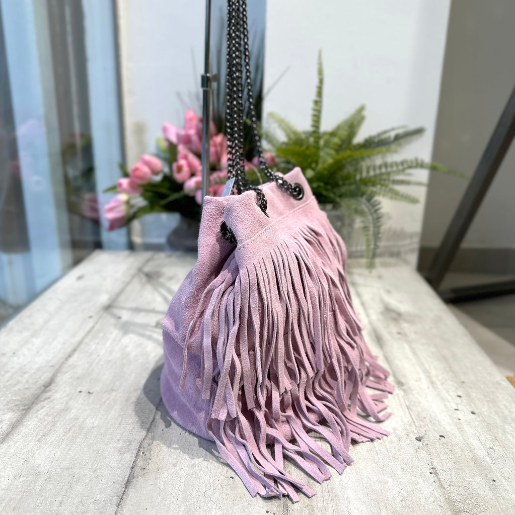 Bucket Bag with Lilac Fringes in Suede - 2