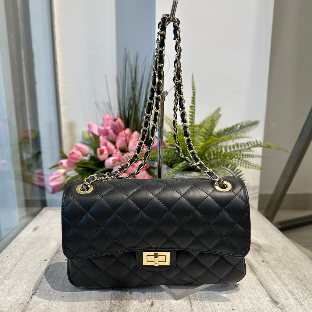 Elegant Quilted Bag REAL LEATHER Golden Details Spacious Black