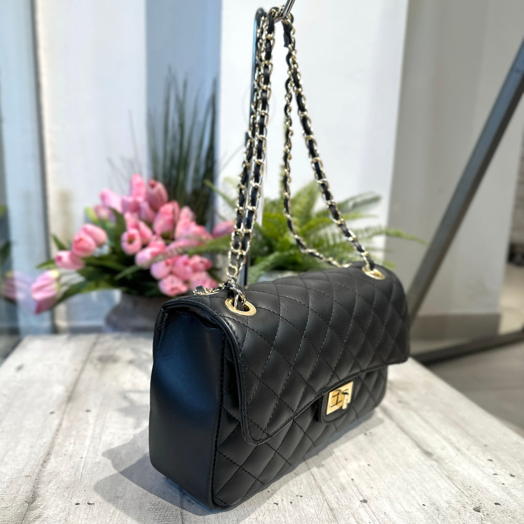 Elegant Quilted Bag REAL LEATHER Golden Details Spacious Black - 3