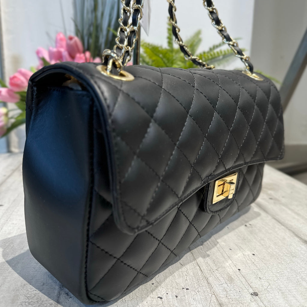 Elegant Quilted Bag REAL LEATHER Golden Details Spacious Black - 2