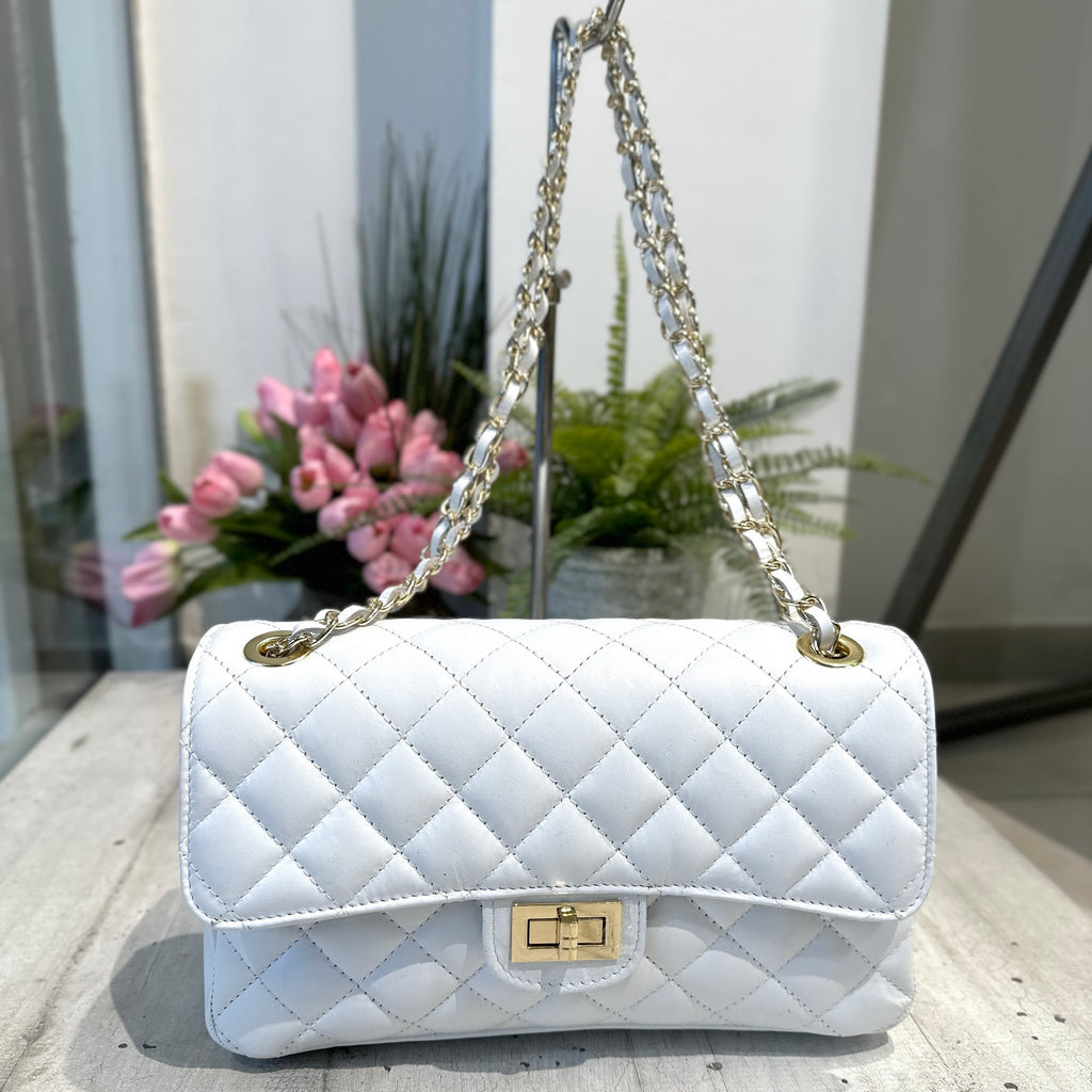 Elegant Quilted Bag GENUINE LEATHER Golden Details Spacious White