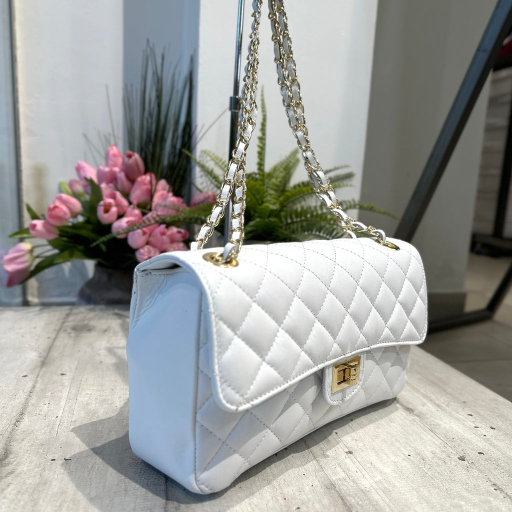 Elegant Quilted Bag GENUINE LEATHER Golden Details Spacious White - 2