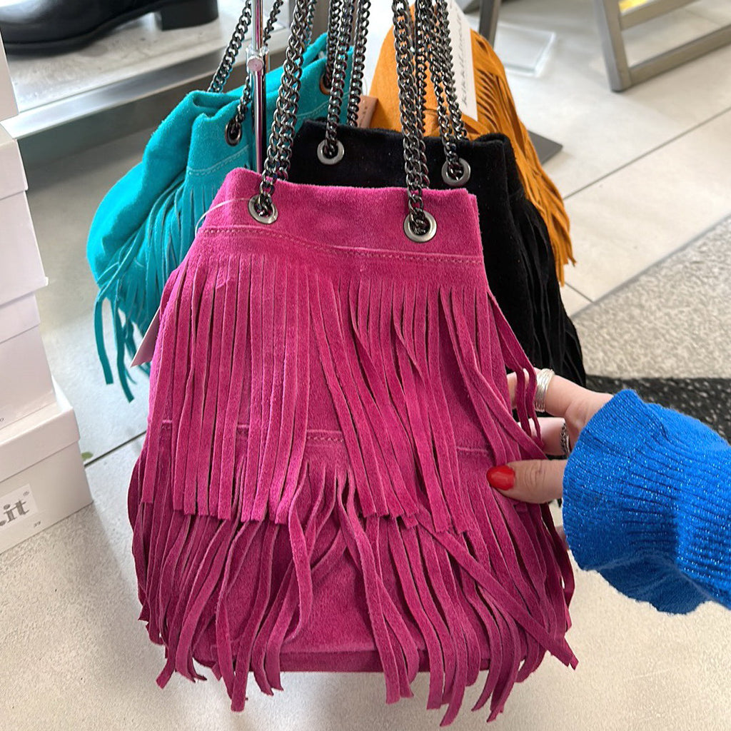 Bucket Bag with Fuxia Pink Fringes in Suede Leather