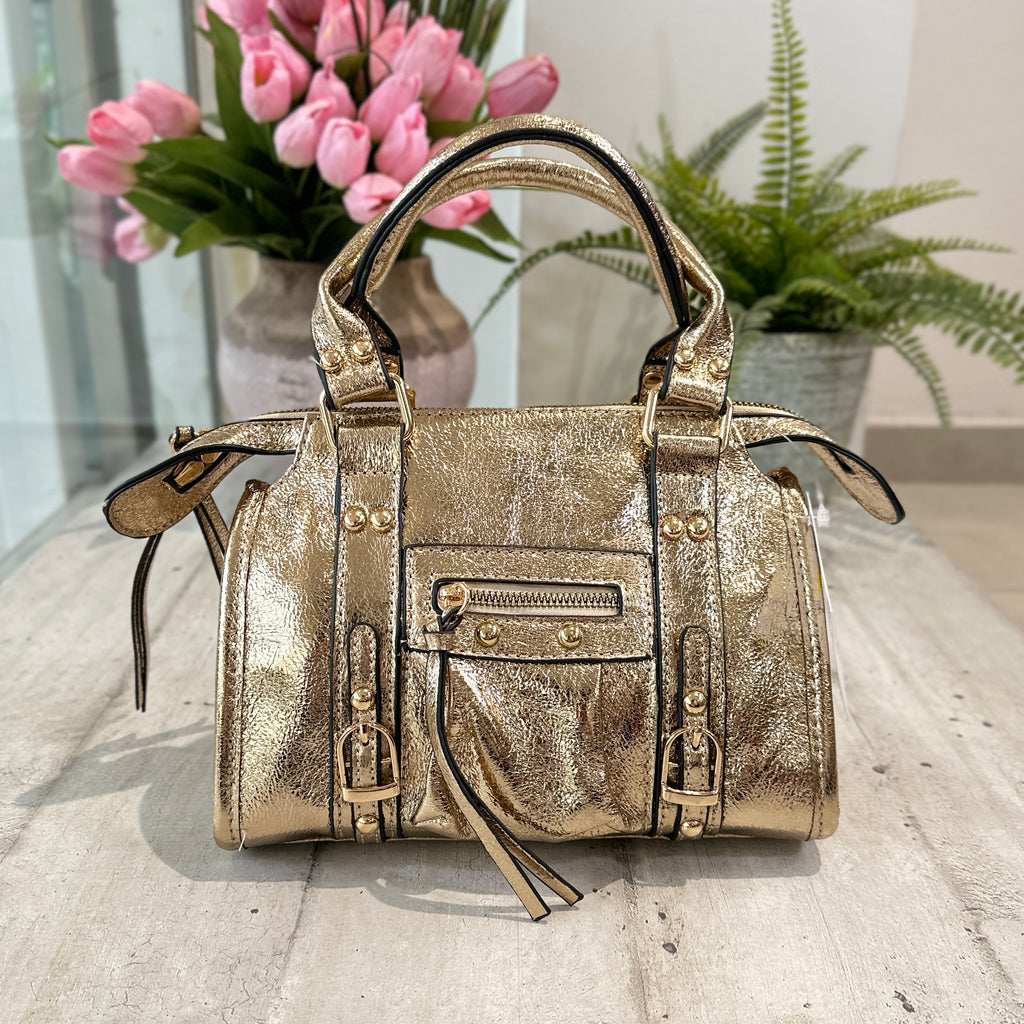 Borsa Mini color Bronzo Metal Similpelle a Spalla con Tracolla e Zip "EMMA" - 2