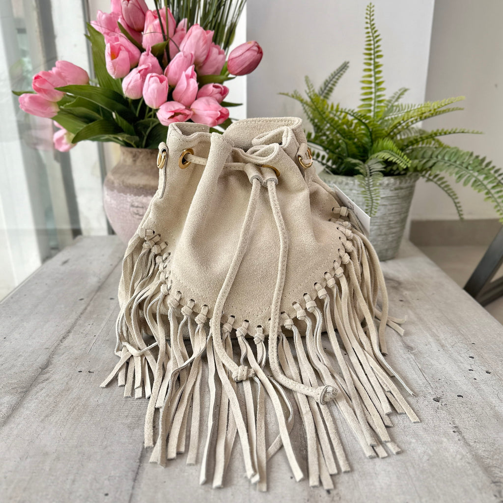 Suede Bucket Bag with Fringed Shoulder Strap and Golden Loops Eva Offwhite