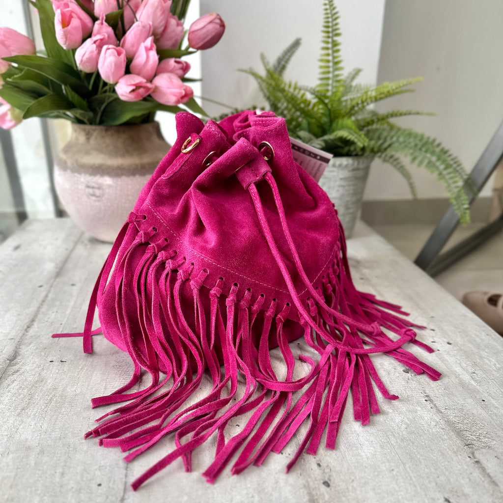 Bucket Bag with Fuchsia Fringes in Suede KIKKIBAGS EVA - 2