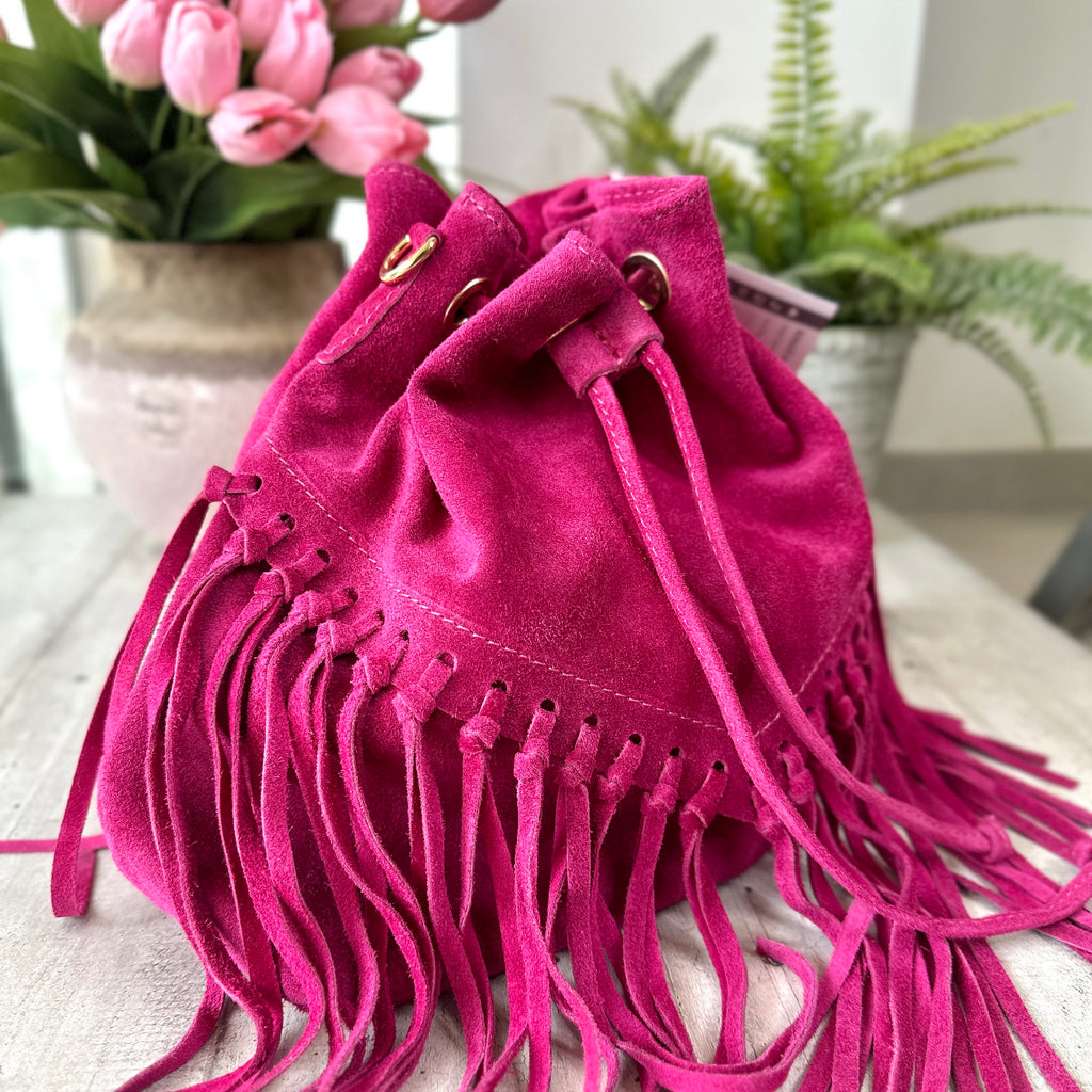 Borsa a Secchiello con Frange Fuxia in Pelle Scamosciata KIKKIBAGS EVA - 3