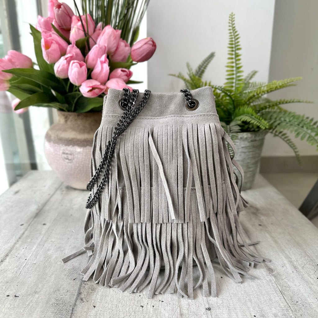 Gray Suede Bucket Bag with Fringes