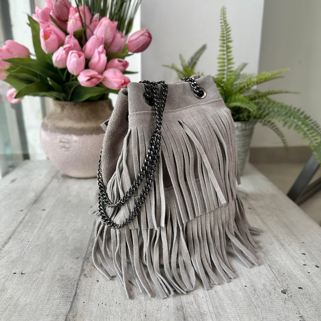 Gray Suede Bucket Bag with Fringes - 2
