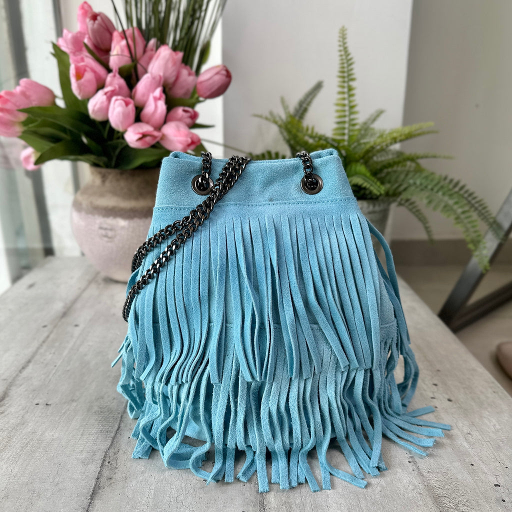 Bucket Bag with Turquoise Fringes in Suede