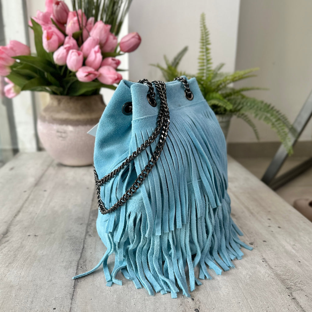 Bucket Bag with Turquoise Fringes in Suede - 2