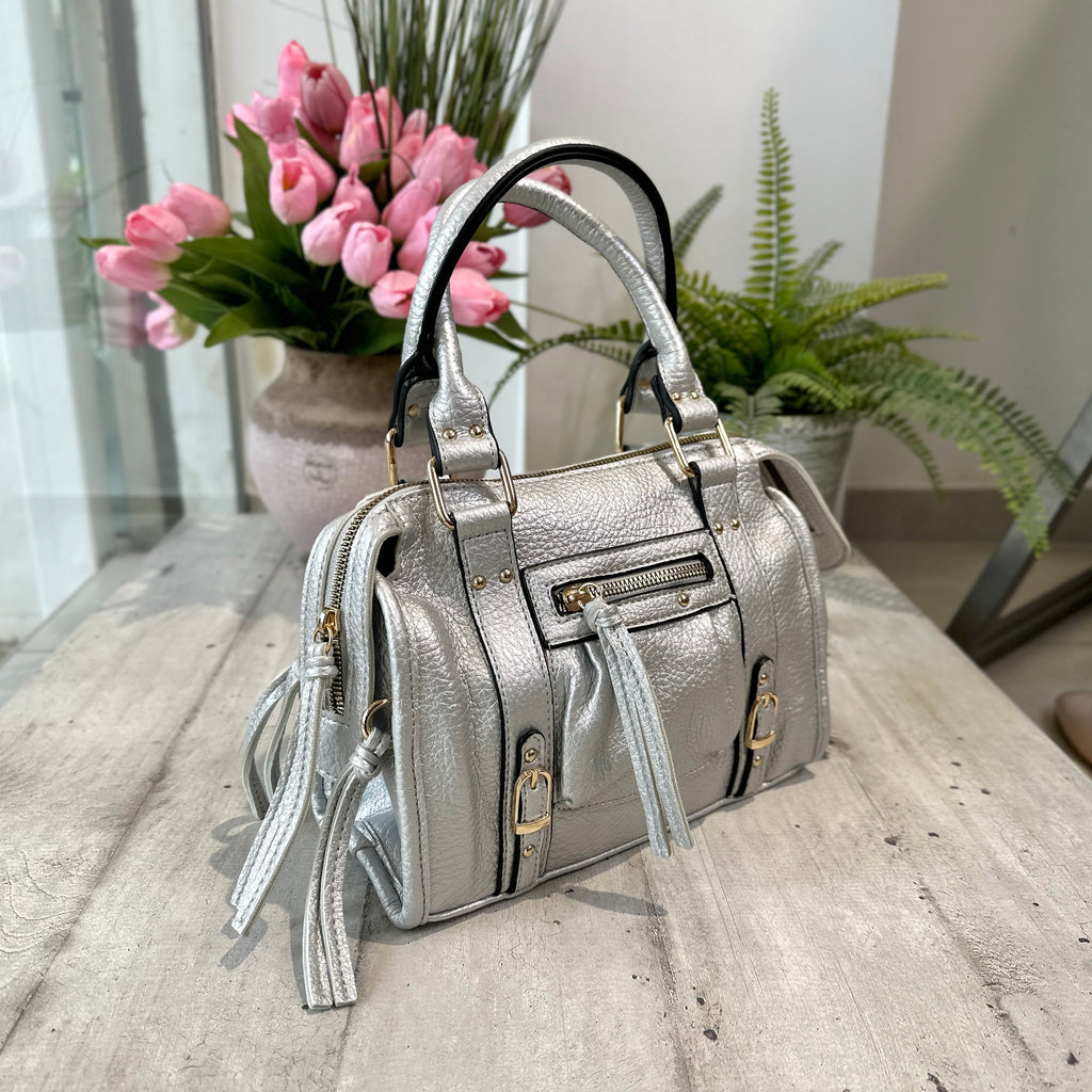 Mini Silver-colored Faux Leather Shoulder Bag with Shoulder Strap and Zip "EMMA" - 2