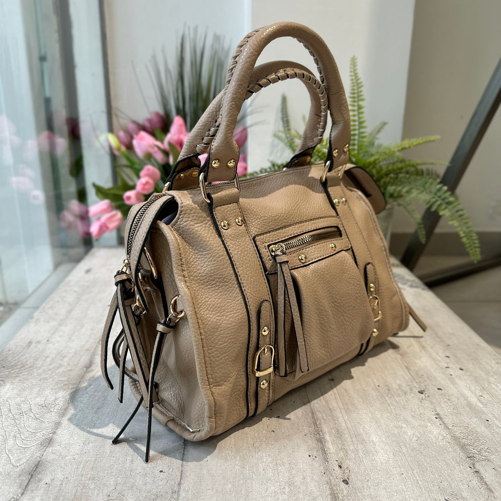 Borsa Grande color Taupe Similpelle a Spalla con Tracolla e Zip - 2