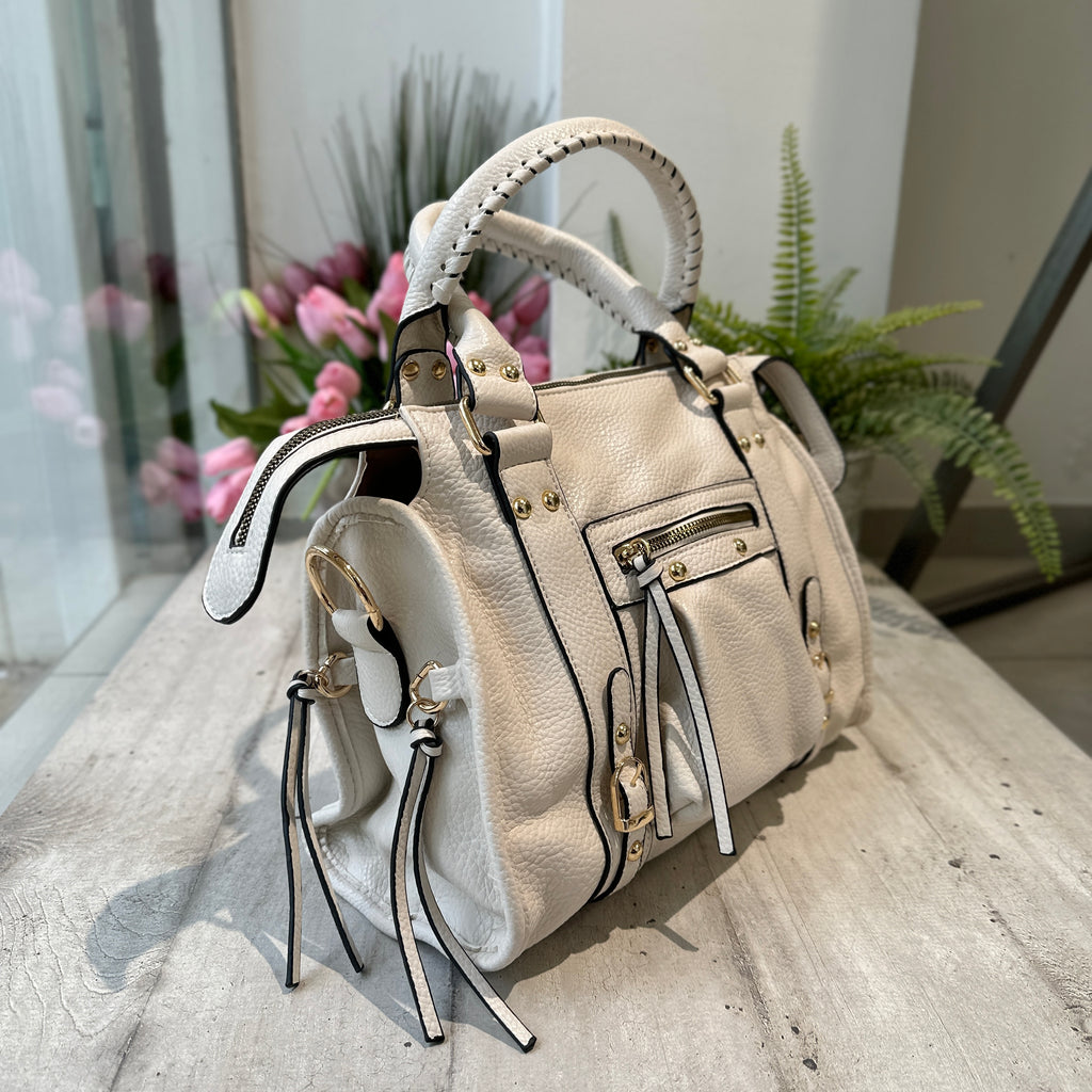 Borsa Grande color Offwhite Similpelle a Spalla con Tracolla e Zip - 2