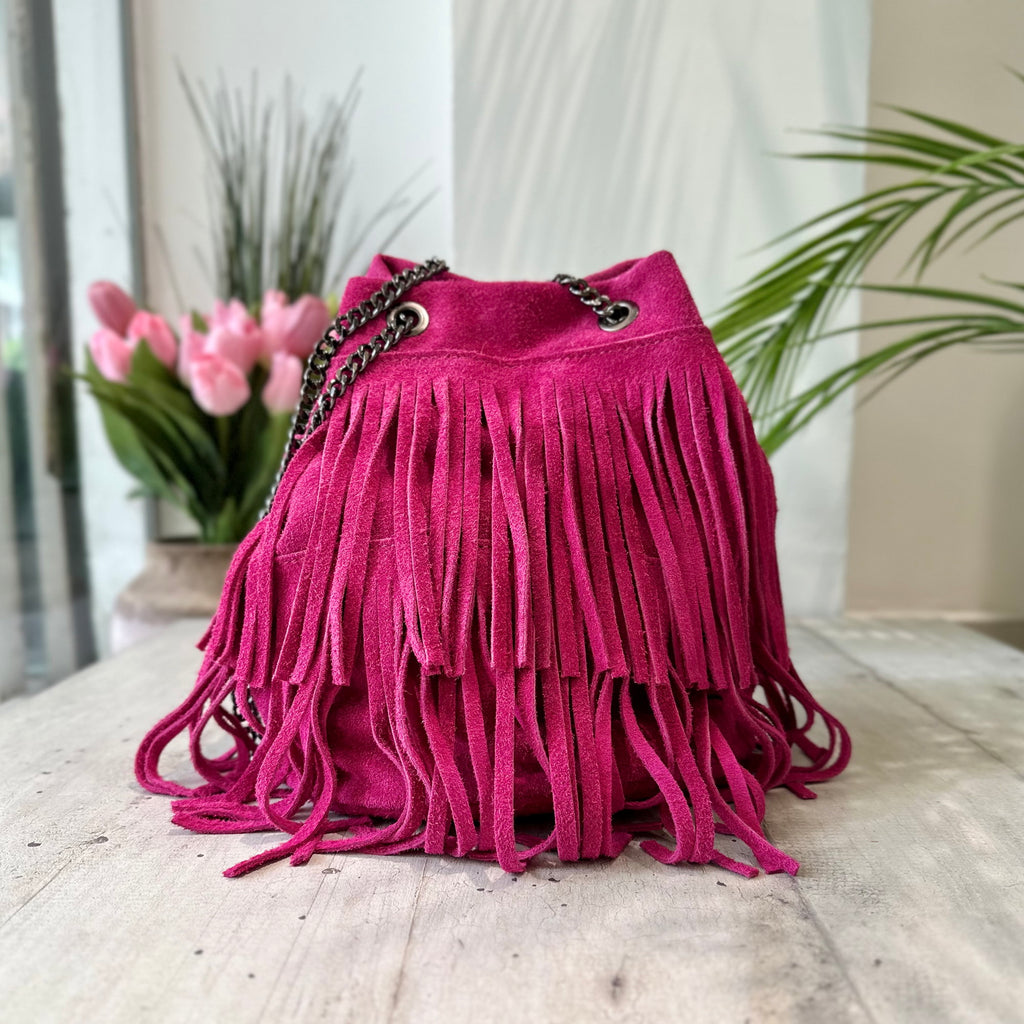 Bucket Bag with Fuxia Pink Fringes in Suede Leather