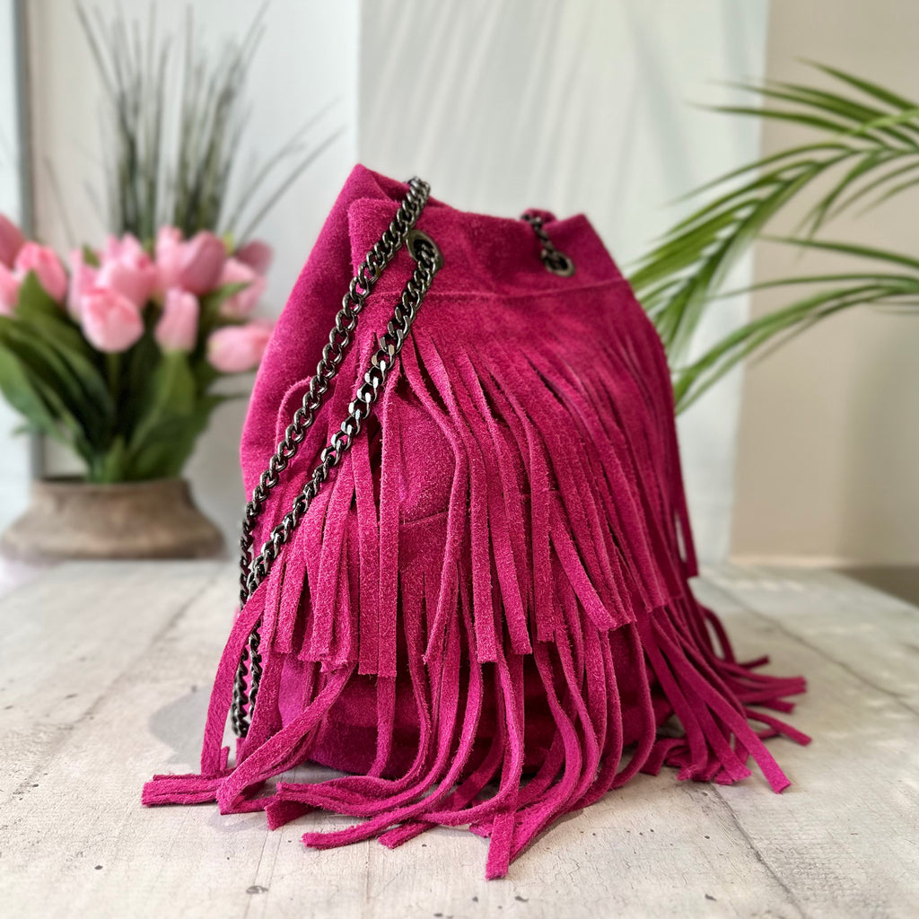Bucket Bag with Fuxia Pink Fringes in Suede Leather - 2