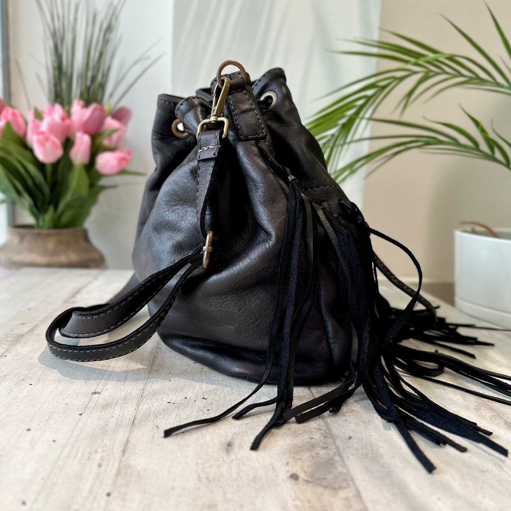 Bucket Bag with Black Fringes in Vintage Nubuck Leather - 2