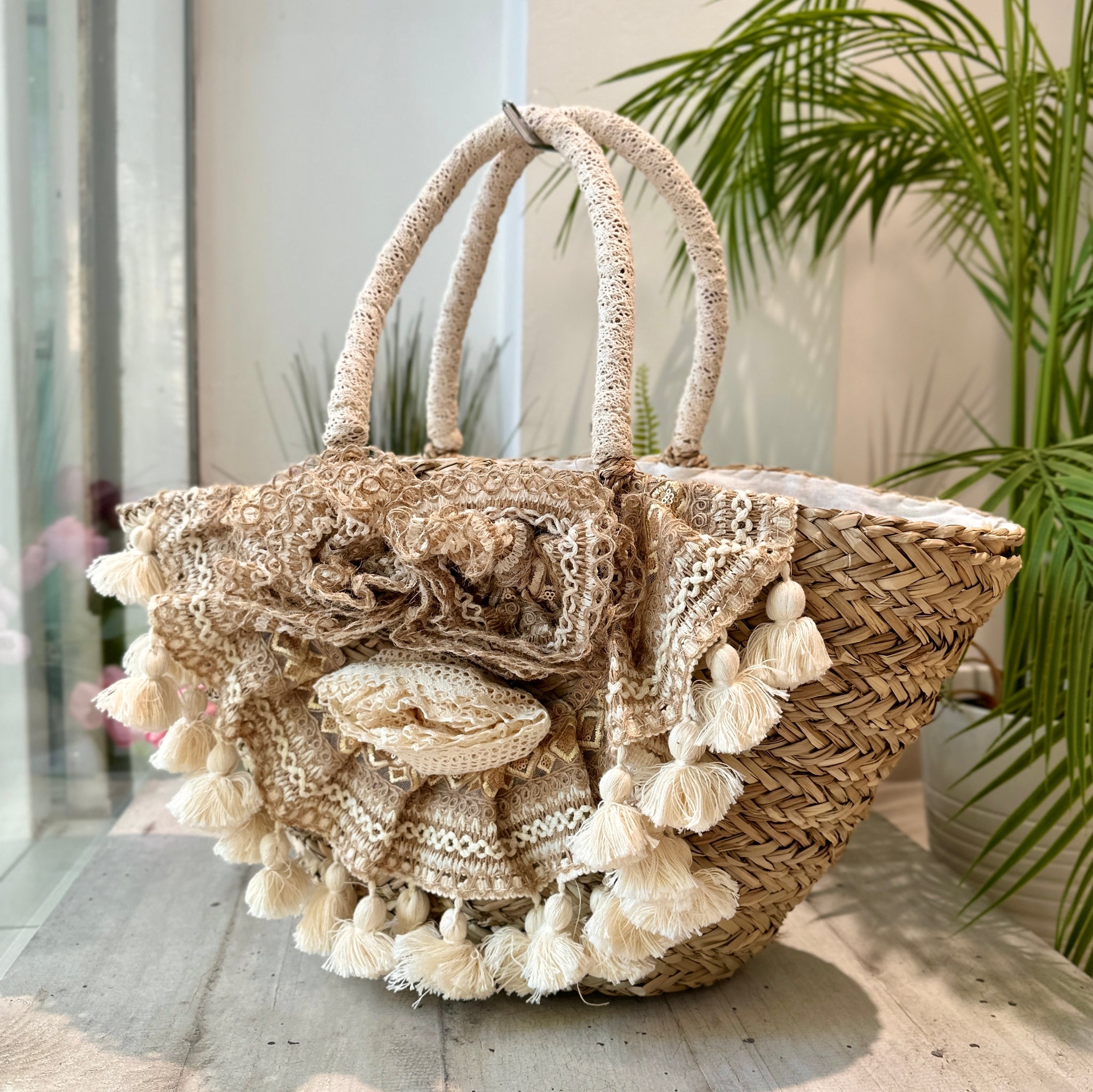 Borsone in Paglia Grande con Pizzo e Pom Pom Mare Pic-Nic Camila