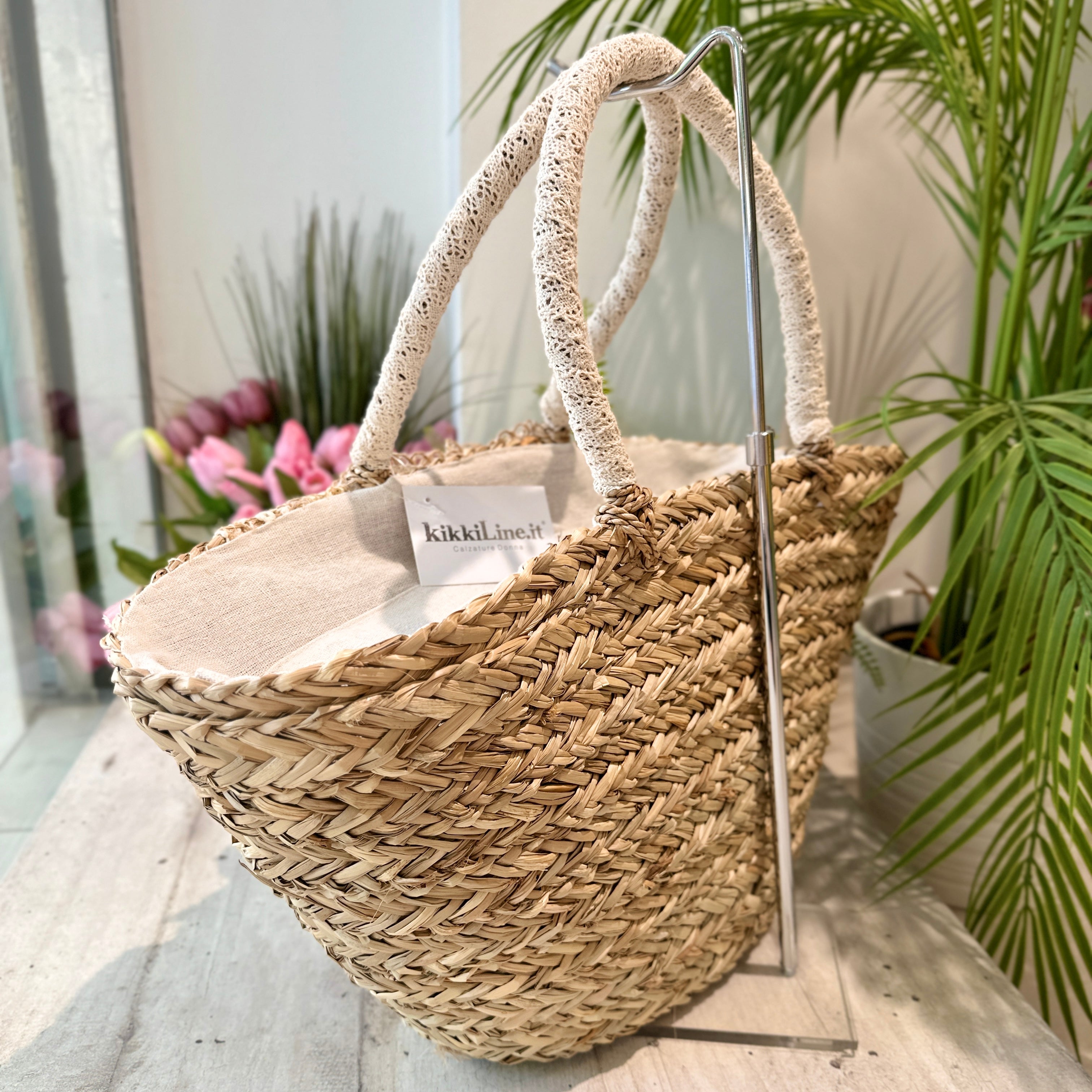 Borsone in Paglia Grande con Pizzo e Pom Pom Mare Pic-Nic Camila