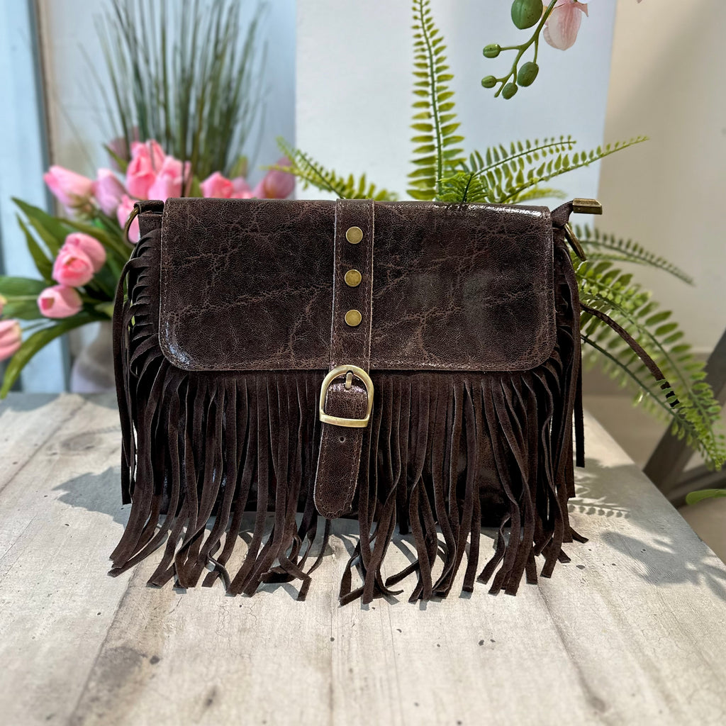 Native Genuine Leather Handbag with Fringe and Shoulder Strap in Dark Brown