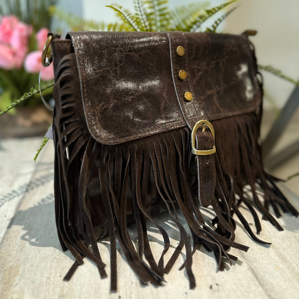 Native Genuine Leather Handbag with Fringe and Shoulder Strap in Dark Brown - 2