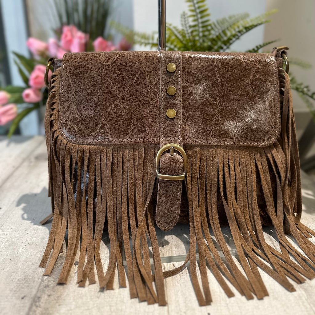 Borsa Borsetta Native Vera Pelle effetto Vintage Frange Con Tracolla Taupe - 3