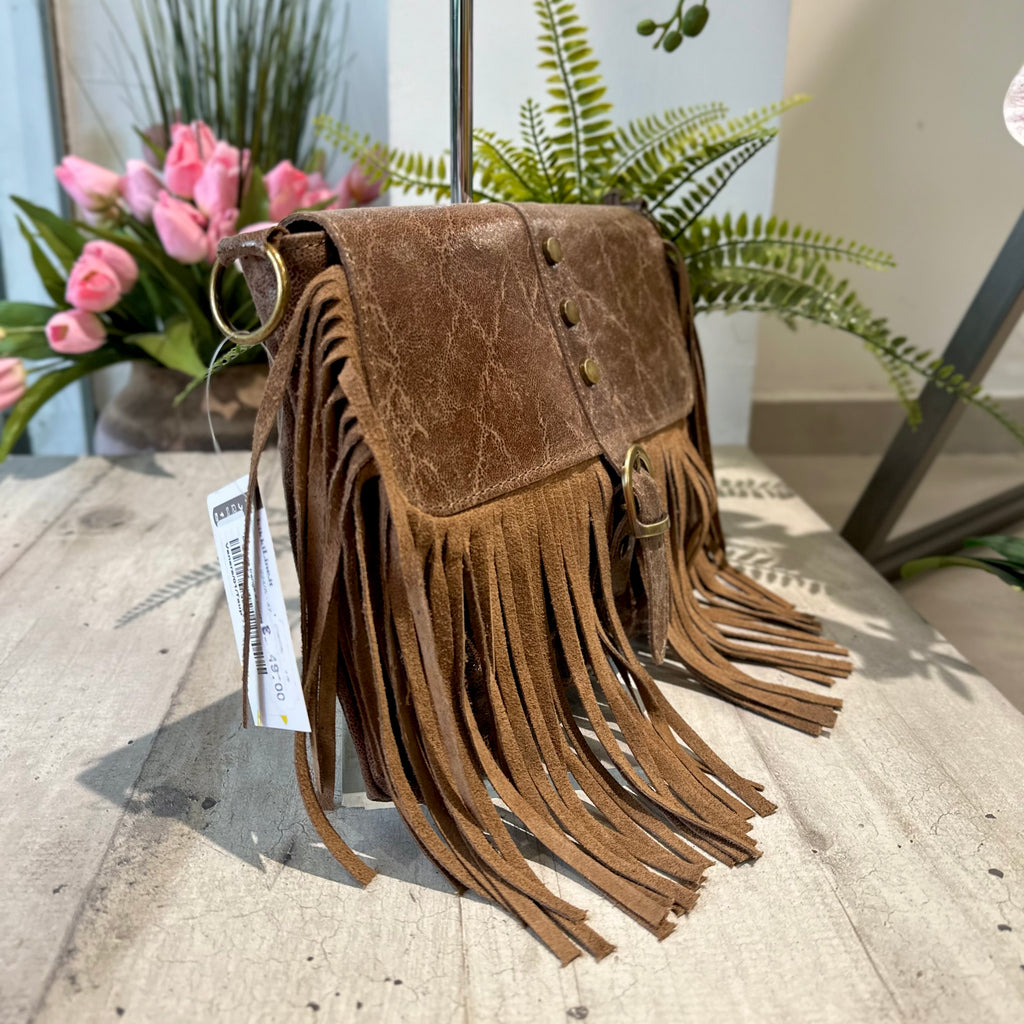 Borsa Borsetta Native Vera Pelle effetto Vintage Frange Con Tracolla Taupe - 2