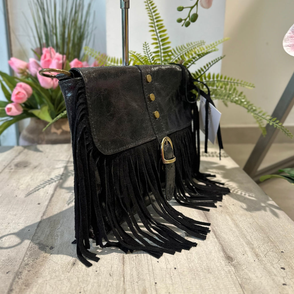 Sac Native en cuir véritable effet vintage avec franges et bandoulière, noir - 2