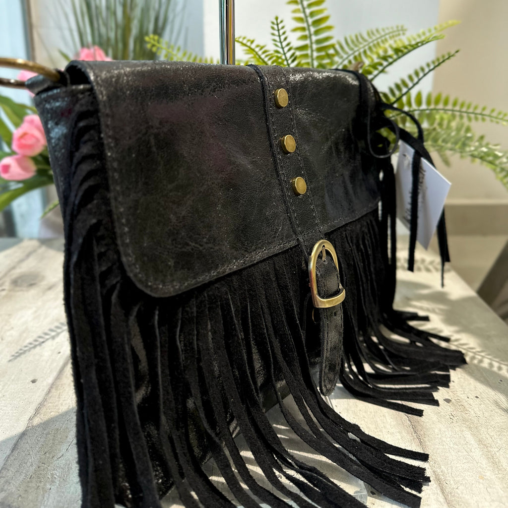 Sac Native en cuir véritable effet vintage avec franges et bandoulière, noir - 3