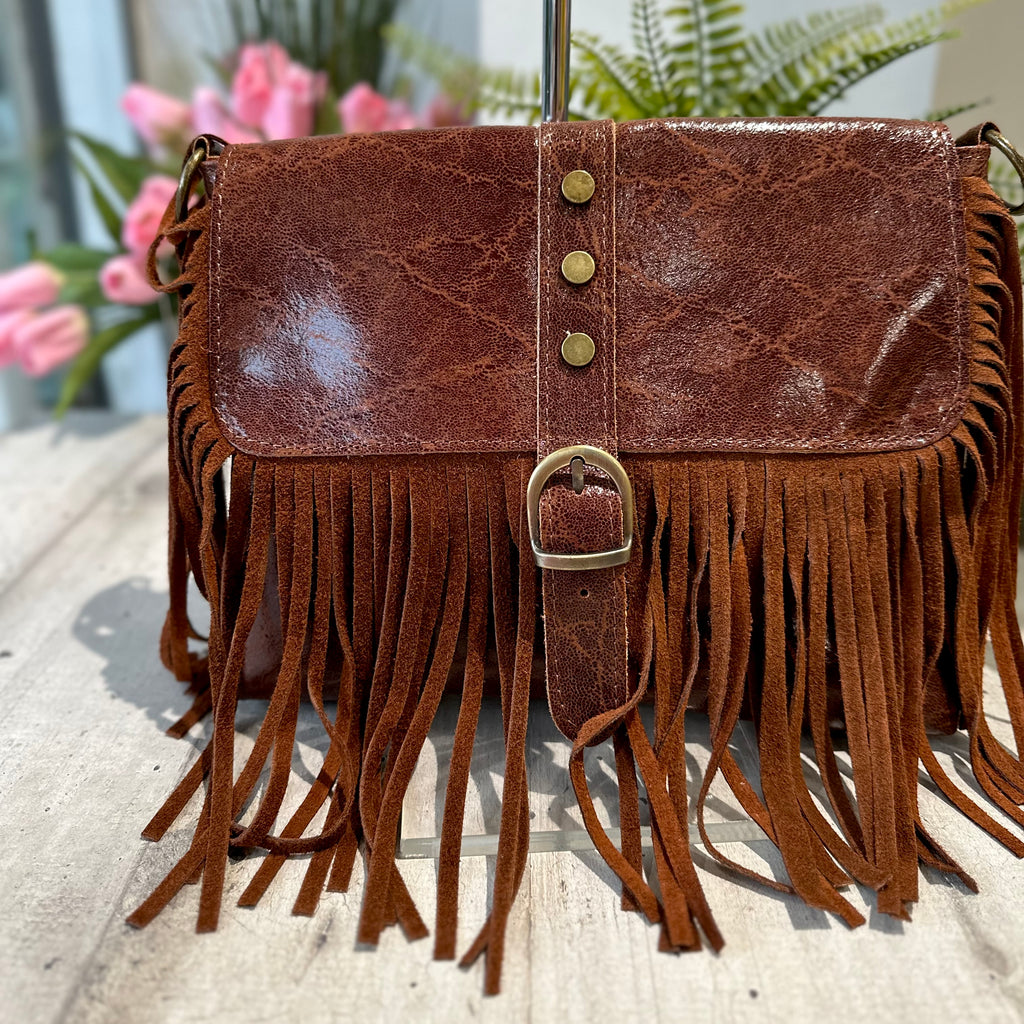 Borsa Borsetta Native Vera Pelle effetto Vintage Frange Con Tracolla Cognac - 2